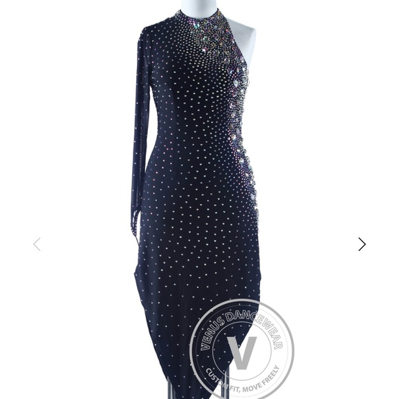 Navy Blue Latin/Rhythm Dance Dress with Rhinestone Detailing - Picture 8 of 8